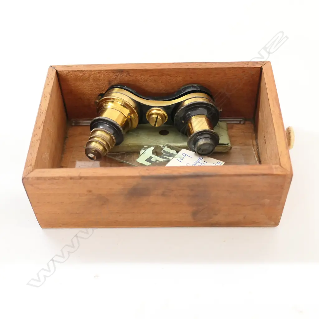 LACQUERED & BRASS MICROSCOPE, CAST TRIPOD STAND BARREL ENGRAVED 'MEDICAL SUPPLY ASSn, AGENTS for J.PARKES & SON. IN BOX Image 1++